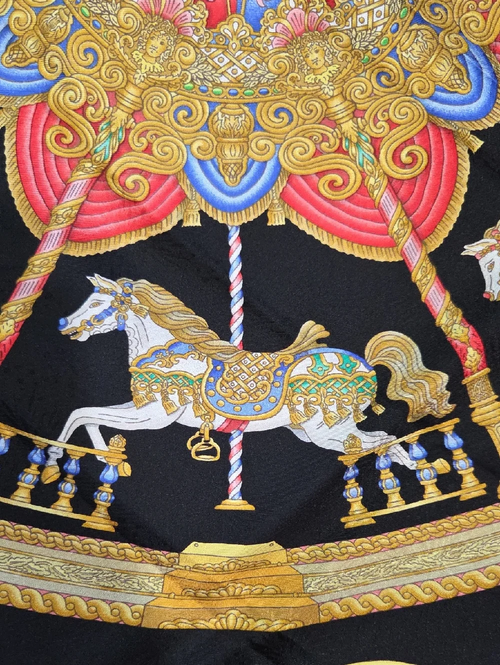 Hermes MINT Luna Park Silk Scarf 90cm/ 35" Black Carousel Horses Gold Pink Blue - Picture 13 of 17